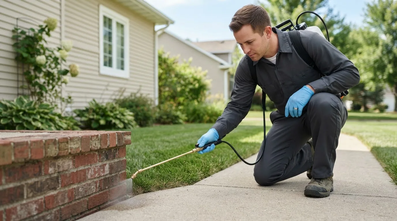 Pest control technician treating a home near Johnston City, IL
