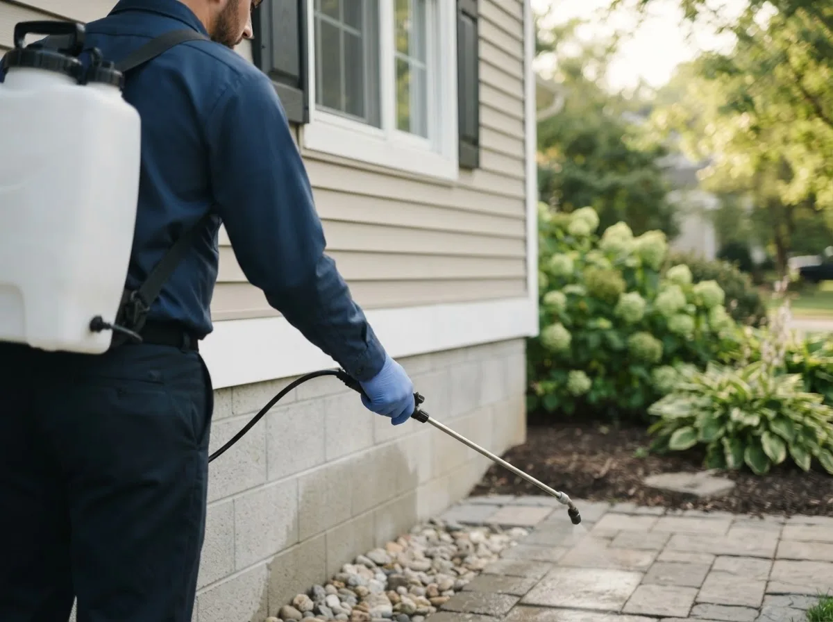 Pest control technician inspecting a home in Johnston City, IL